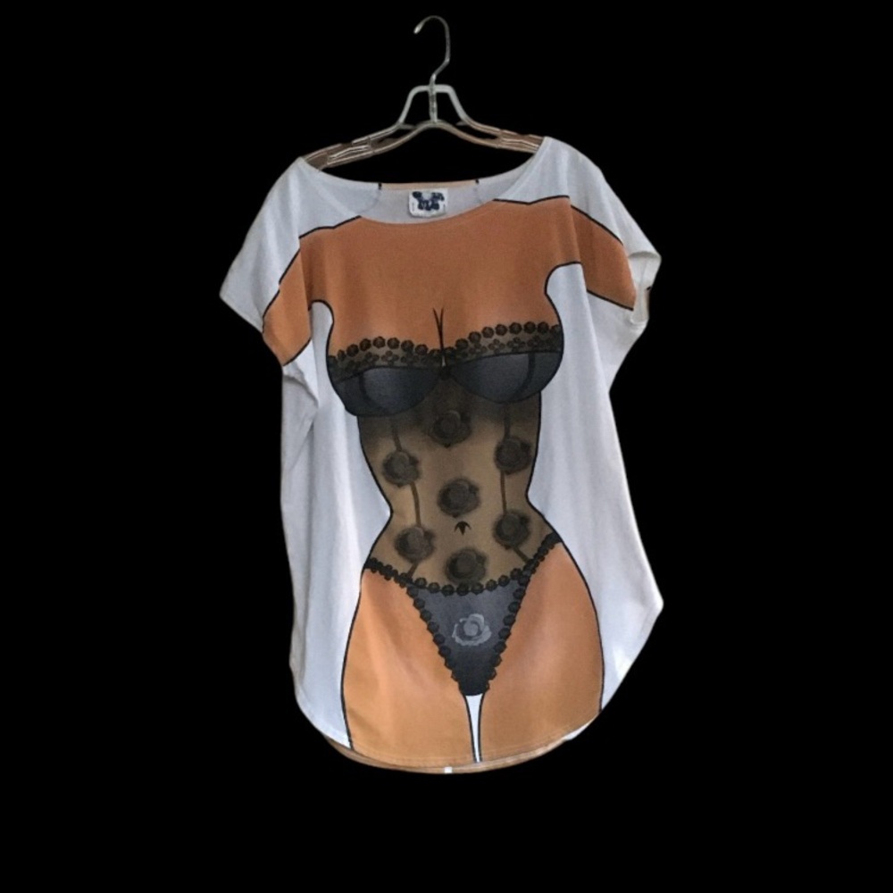 Lingerie print graphic tee shirt/beach swim coverup.  Unique fun item.